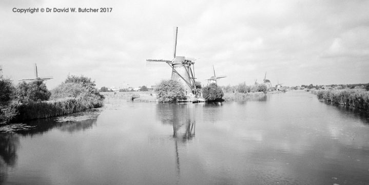 Kinderdijk Windmill Reflections, panoramic, Rotterdam, Netherlands