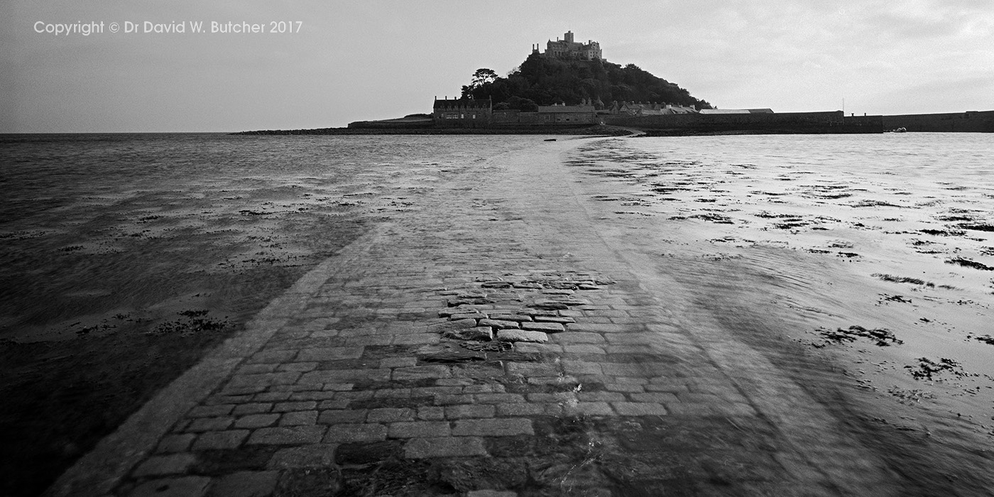 St Michaels Mount from Causeway as Tide Comes In, Marazion, Cornwall, England
