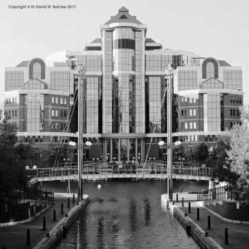 Salford Quays Victoria Building and Mariners Canal, England