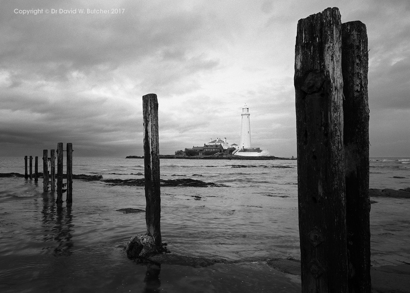 St Mary's Lighthouse and Posts at High Tide, Whitley Bay, Newcastle