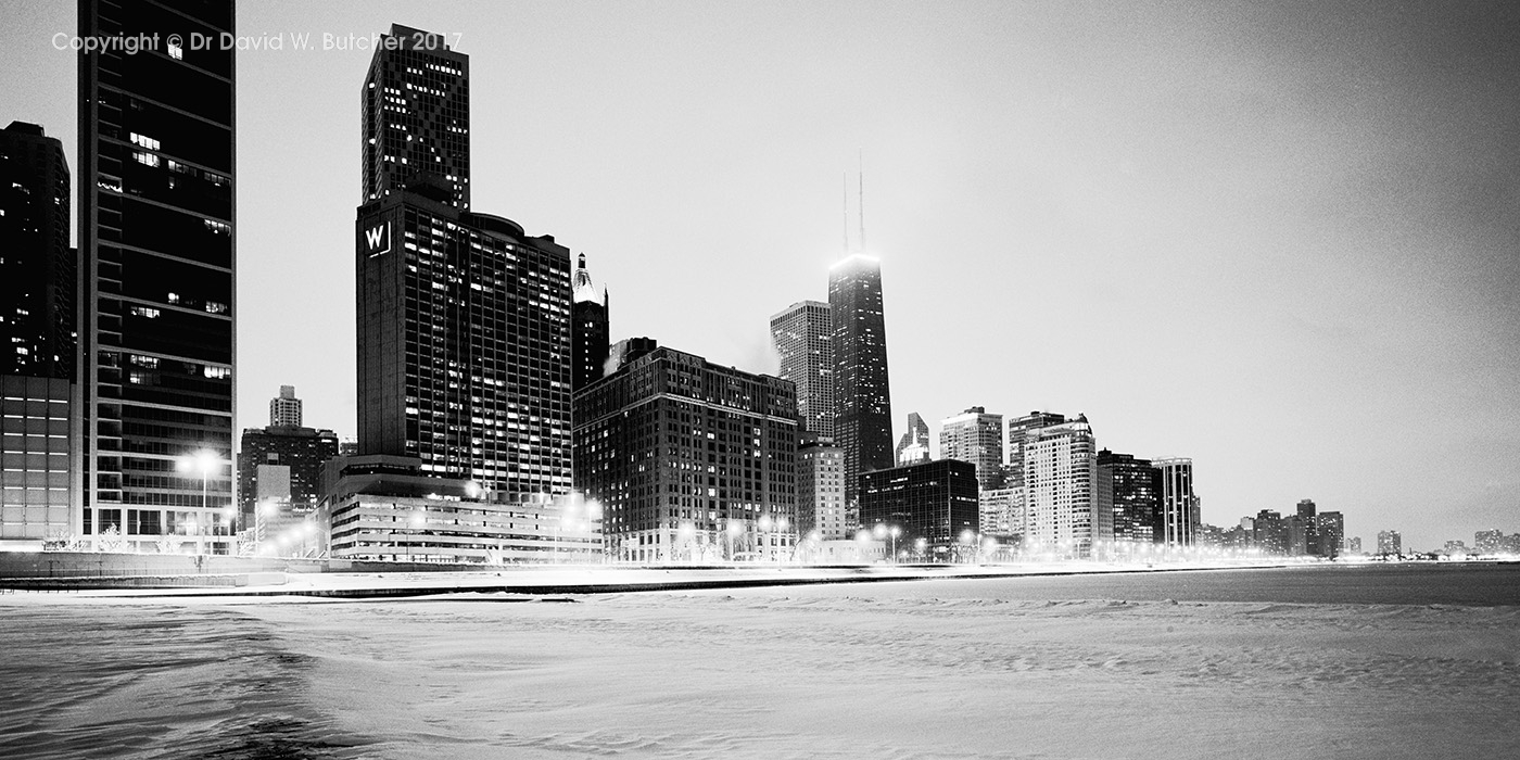 Chicago Skyline from Lake Michigan Beach in Winter, USA