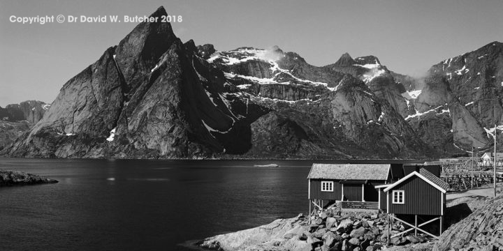 Lofoten Reine Hamnoy Fishing Hut and Mountains, Norway