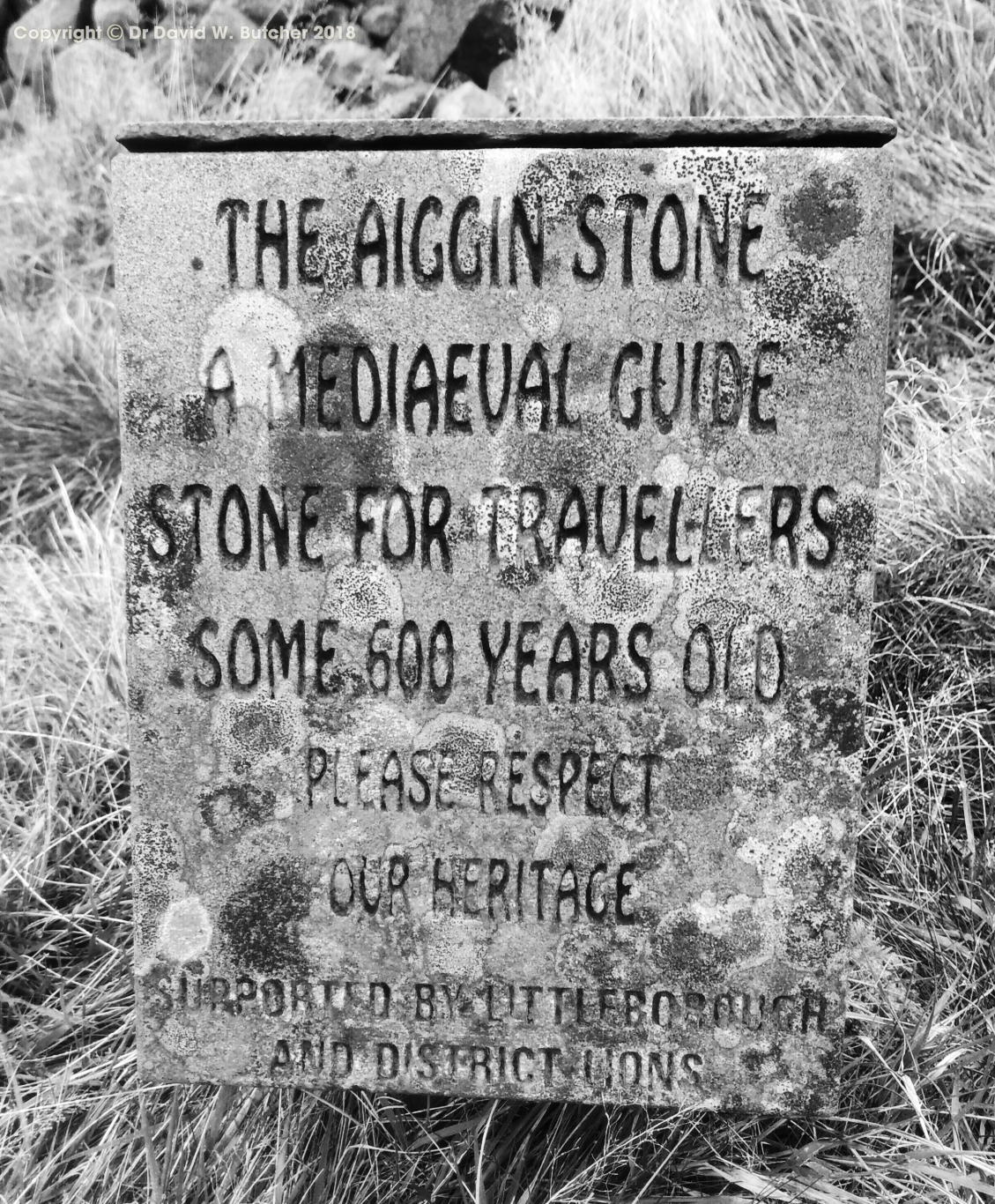 Aiggin Stone information sign on Blackstone Edge on Pennine Way