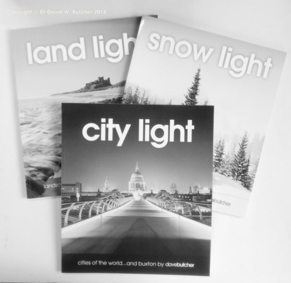 City Light, Snow Light and Land Light books of black and white photographs by Dave Butcher
