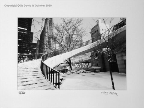 USA, Stairway from Chicago River Esplanade to Michigan Avenue at DuSable Bridge at Night.