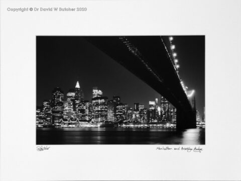 New York Manhattan from underneath Brooklyn Bridge at NIght, USA