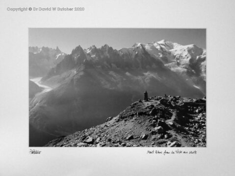 Mont Blanc (right) to Mer de Glace (left) with Chamonix Aiguilles in between, from La Tete au Vents, Chamonix, France.