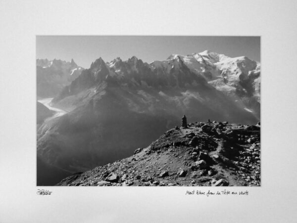 Mont Blanc (right) to Mer de Glace (left) with Chamonix Aiguilles in between, from La Tete au Vents, Chamonix, France.
