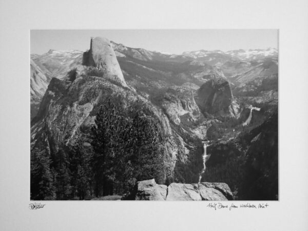 Yosemite Half Dome from Washburn Point above Vernal Falls and Nevada Falls with Liberty Cap and Mount Broderick between falls and Half Dome, California