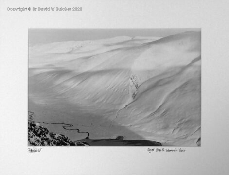 Summit view from Sgor Gaoith to Braeriach and beyond in winter with Loch Einich along the bottom edge of the print, Scotland near Aviemore in Cairngorms