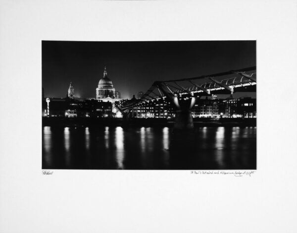 London St Paul's Cathedral, Millennium Bridge and River Thames at night from the South Bank