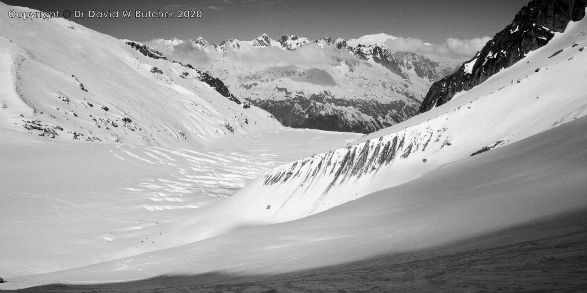 Chardonnet Glacier view north to Chamonix valley and Aiguille Rouges, ski Haute Route day 1
