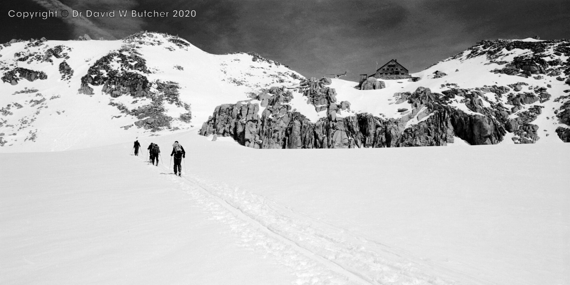 Taken below Trient Refuge on ski Haute Route. Note the supply helicopter left of the hut. Ski Haute Route Day 1