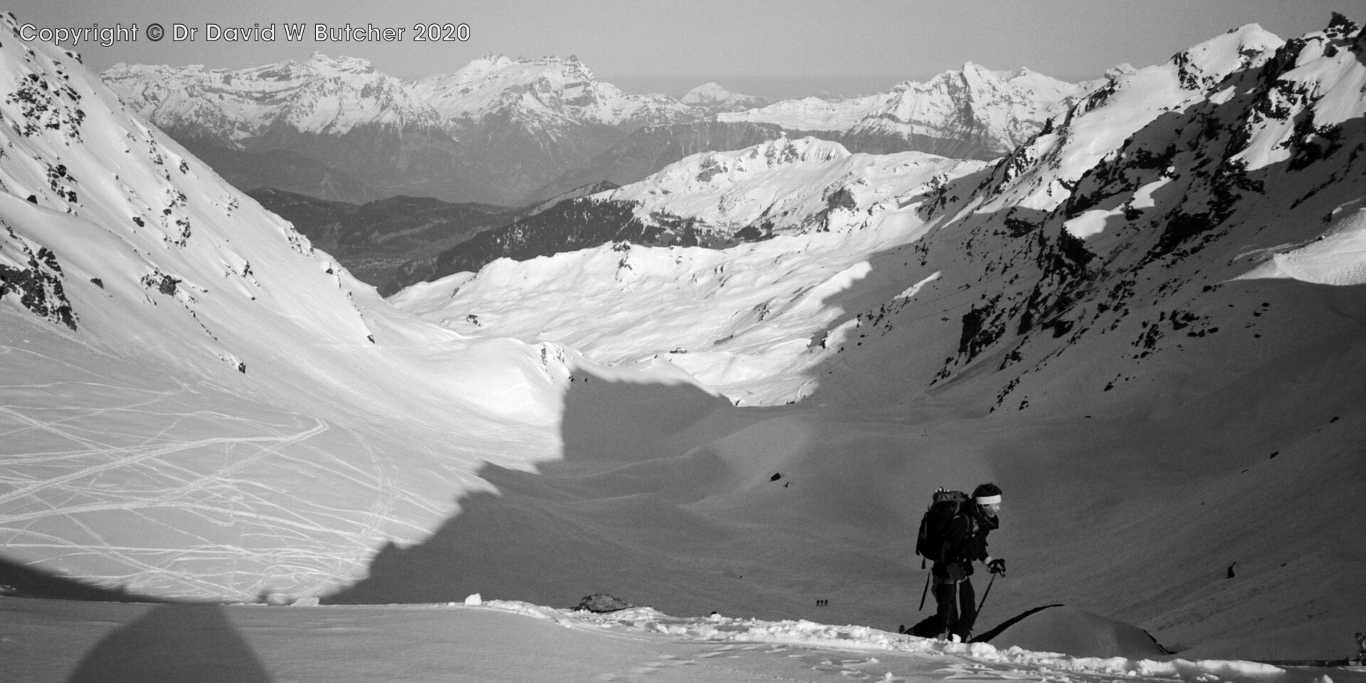 Col de la Chaux view west and Vaila Macdonald near Verbier, ski Haute Route Day 3