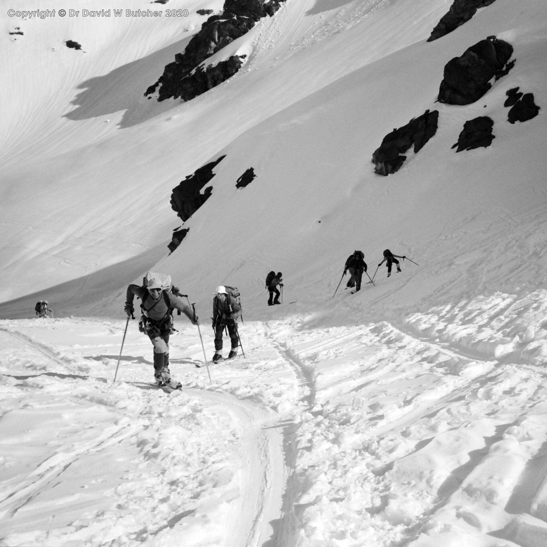 Aspirant guide Richard Masters left, near Col de Momin top, ski Haute Route day 3