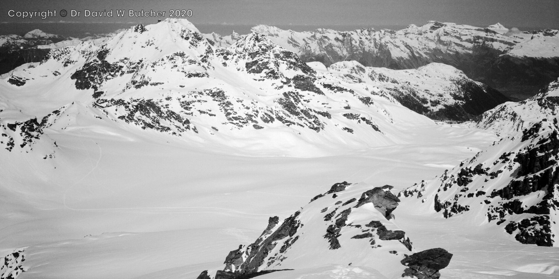 Rosablanche view northwest to Verbier Mont Fort ski area, ski Haute Route day 3