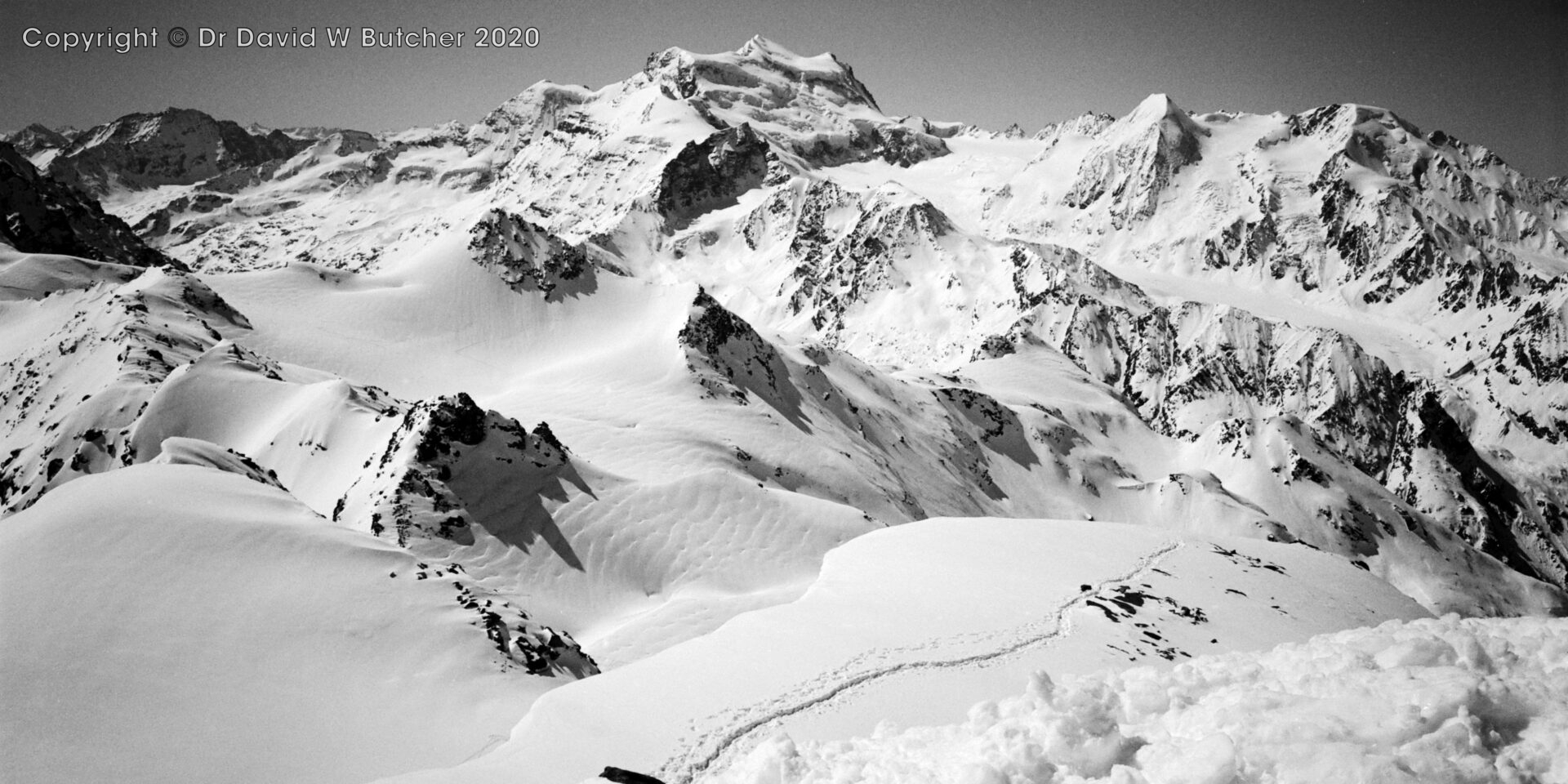 View from Rosablanche summit southwest to Grand Combin, near Verbier, ski Haute Route day 3