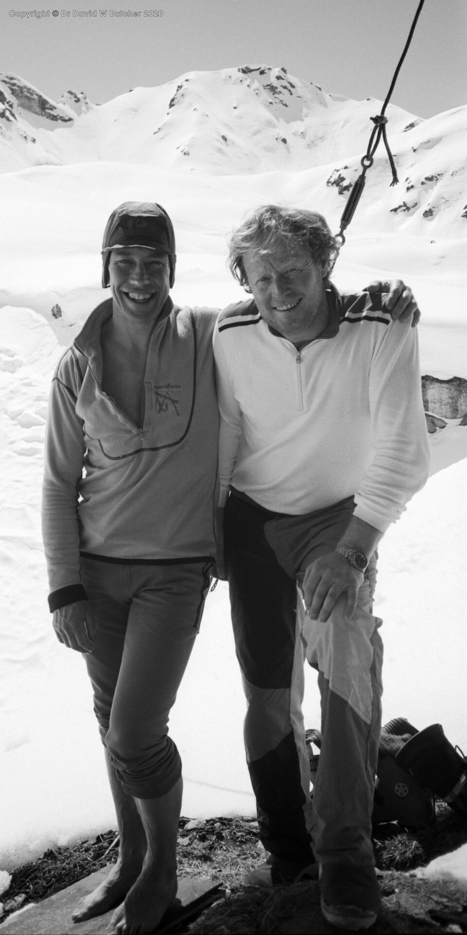 Mark Rogerson left and John Cameron right, outside Cabane de Prafleuri Hut, ski Haute Route day 3