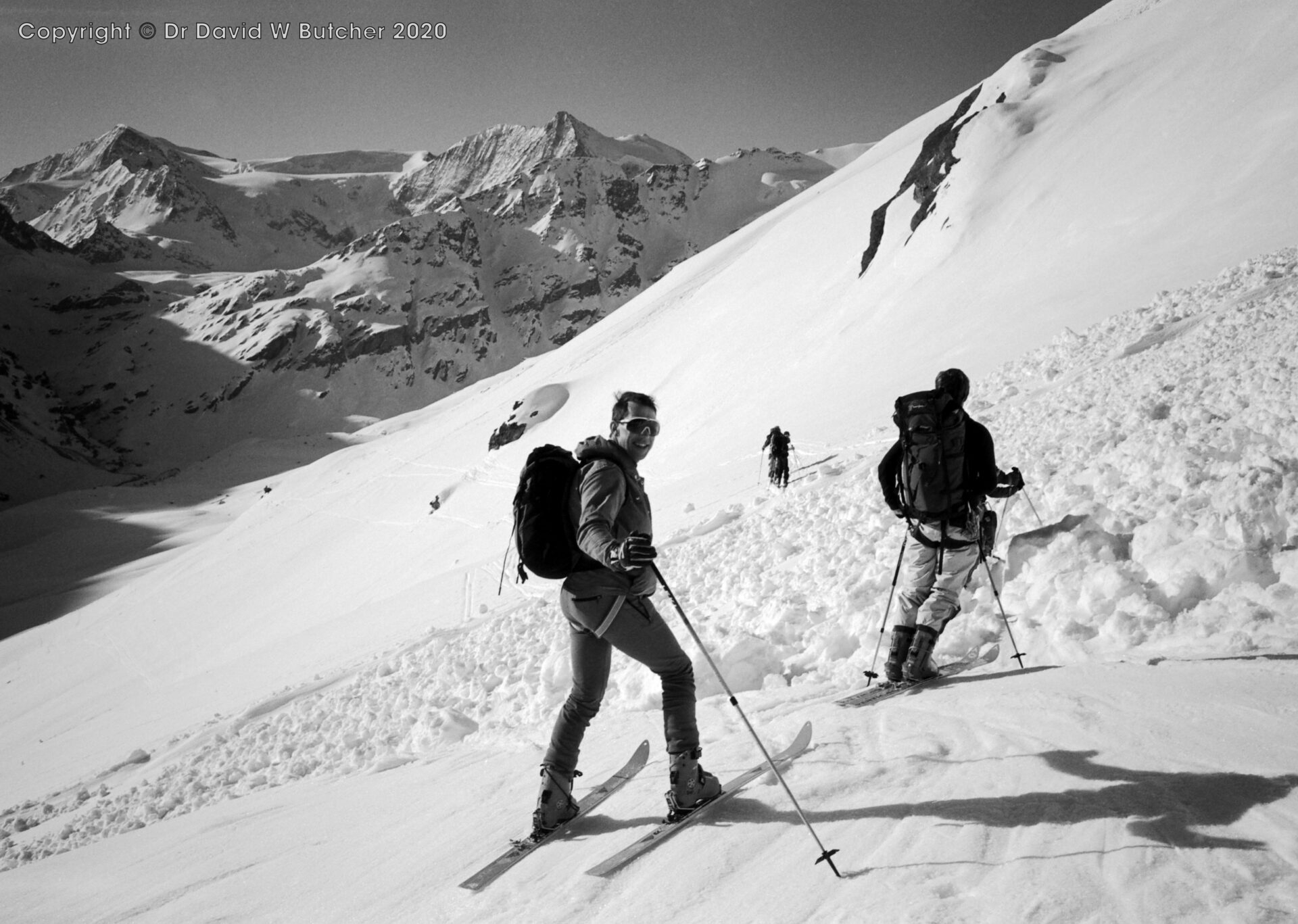 Mark Rogerson at avalanche field above Lac des Dix, ski Haute Route day 4