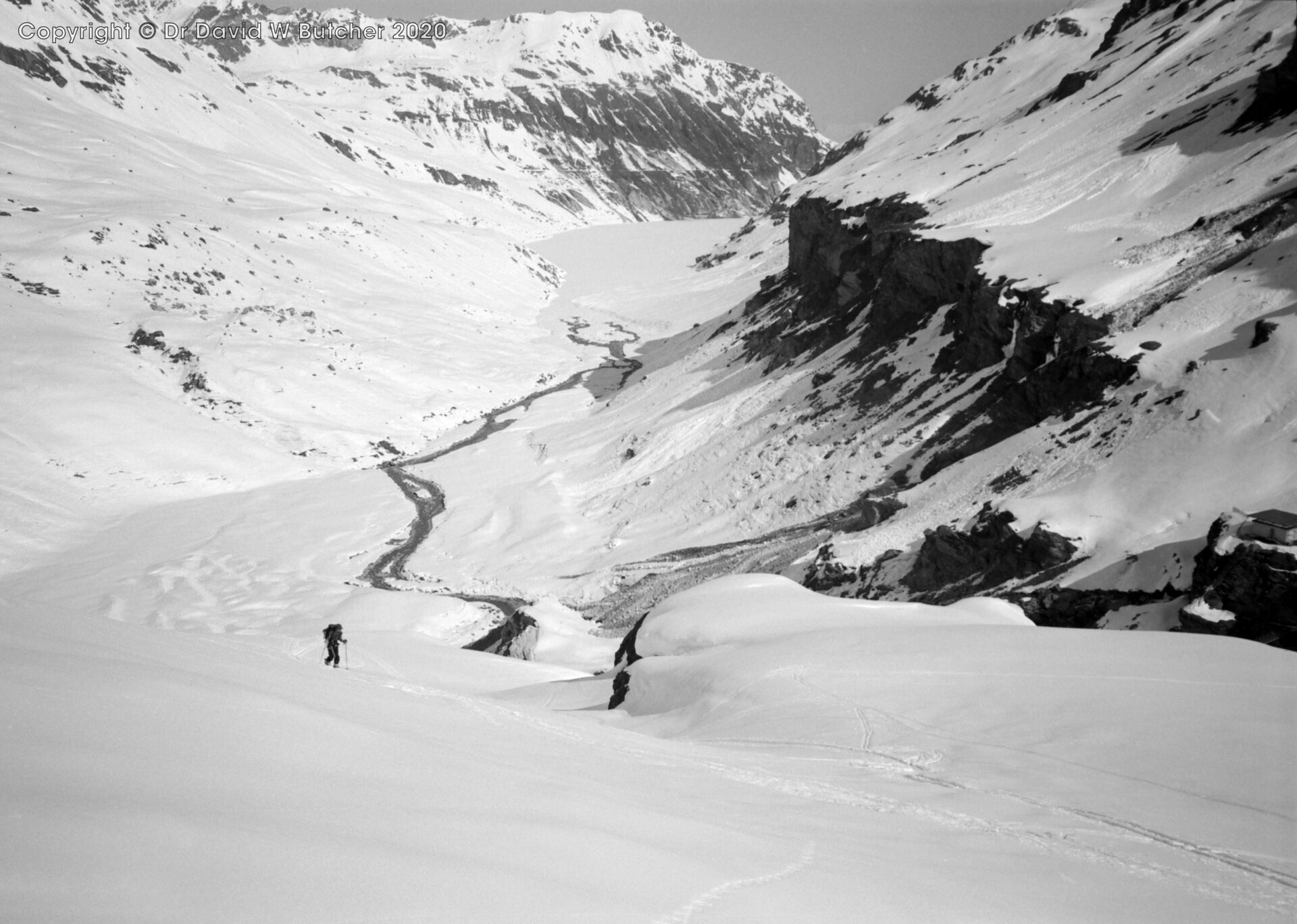 View north to Lac des Dix from ascent of the Pas du Chat, ski Haute Route day 4