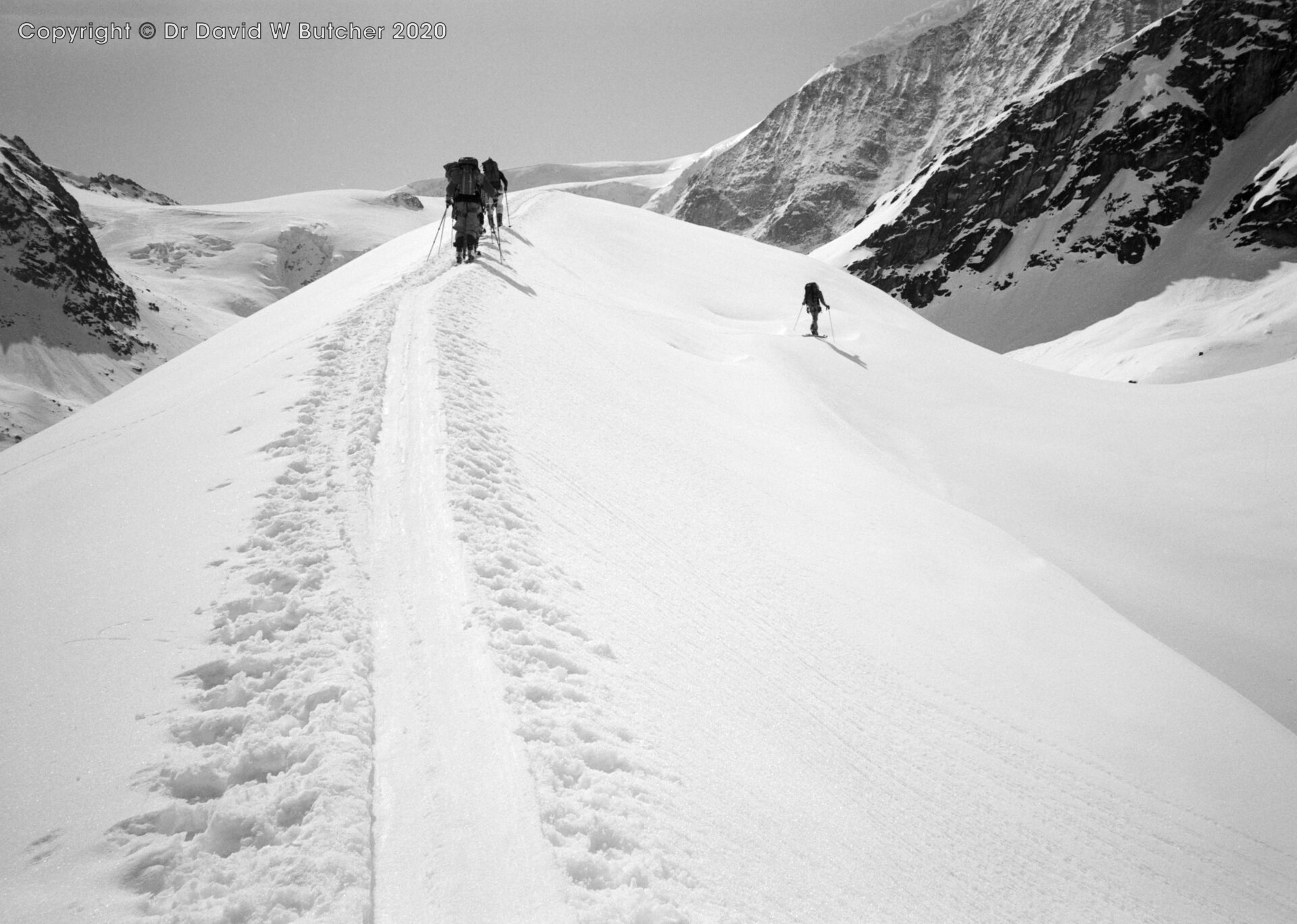 Uphill skiing on moraine bank at around 2800m north of Tete Noire near Cabane des Dix, ski Haute Route day 4