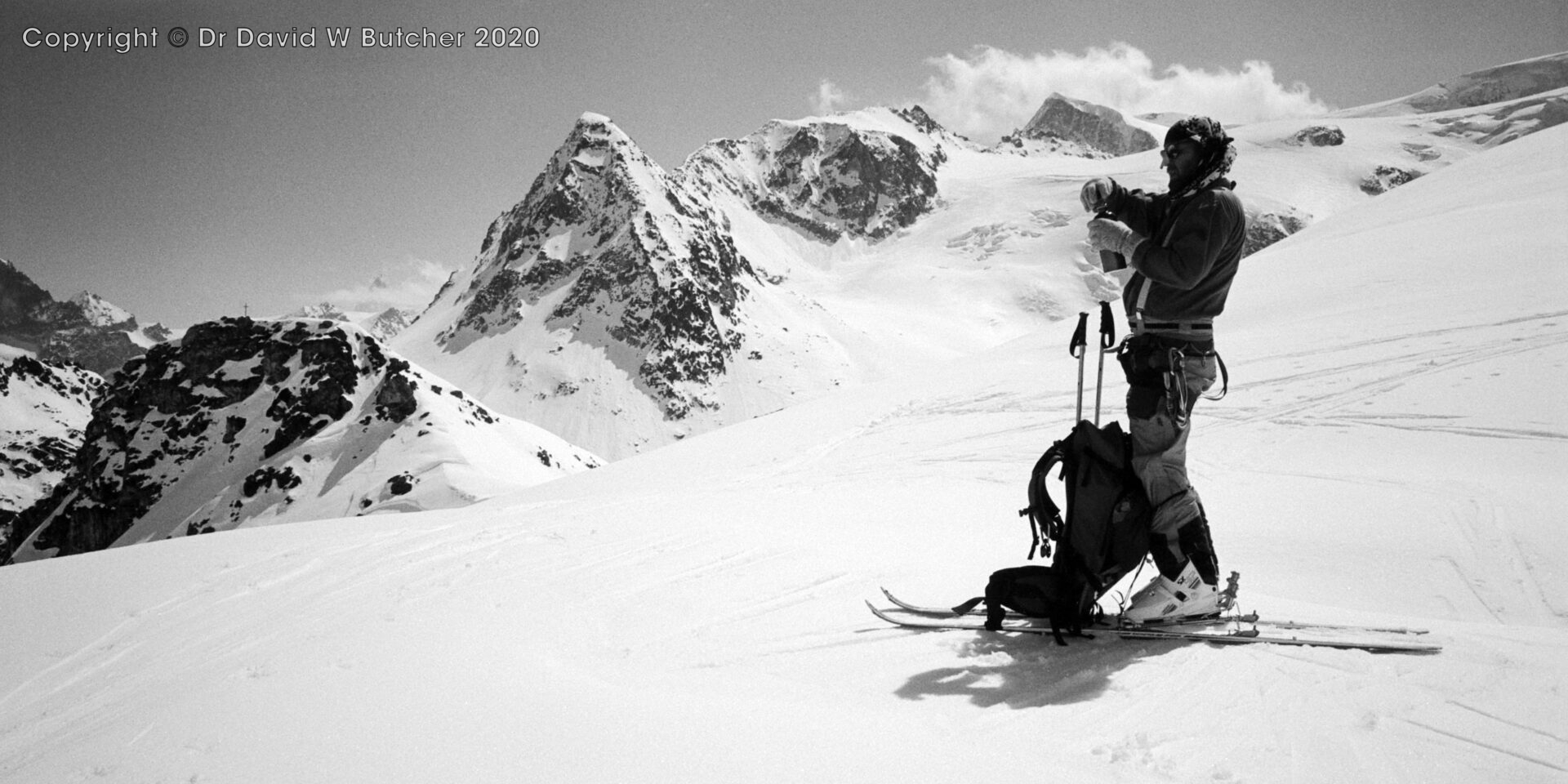 Tete Noire near Cabane des Dix with Mont Blanc de Cheilon range behind, ski Haute Route day 4