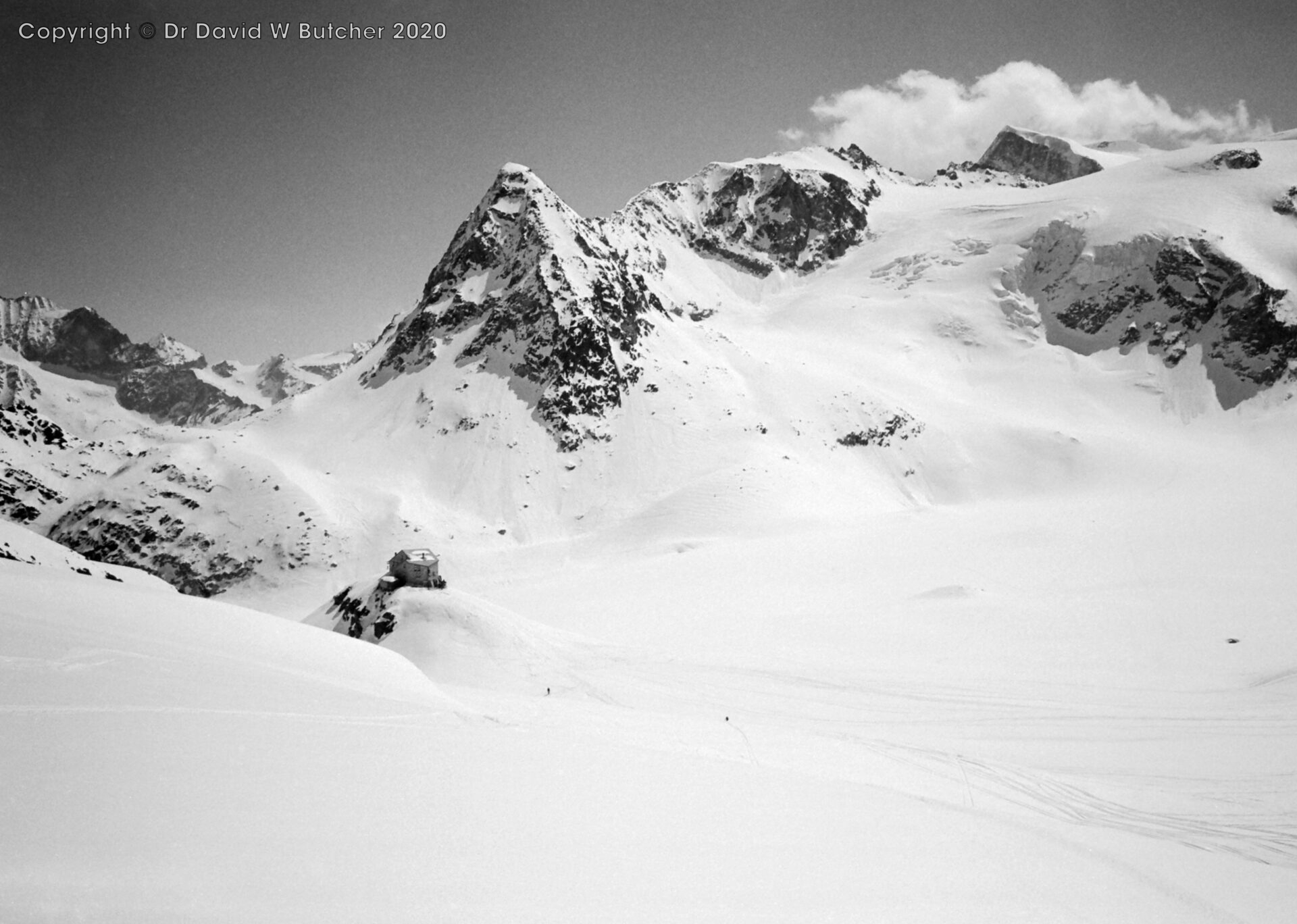 Cabane des Dix with Pointes de Tsena Refien left and Mont Blanc de Cheilon right from near Tete Noire, ski Haute Route day 4