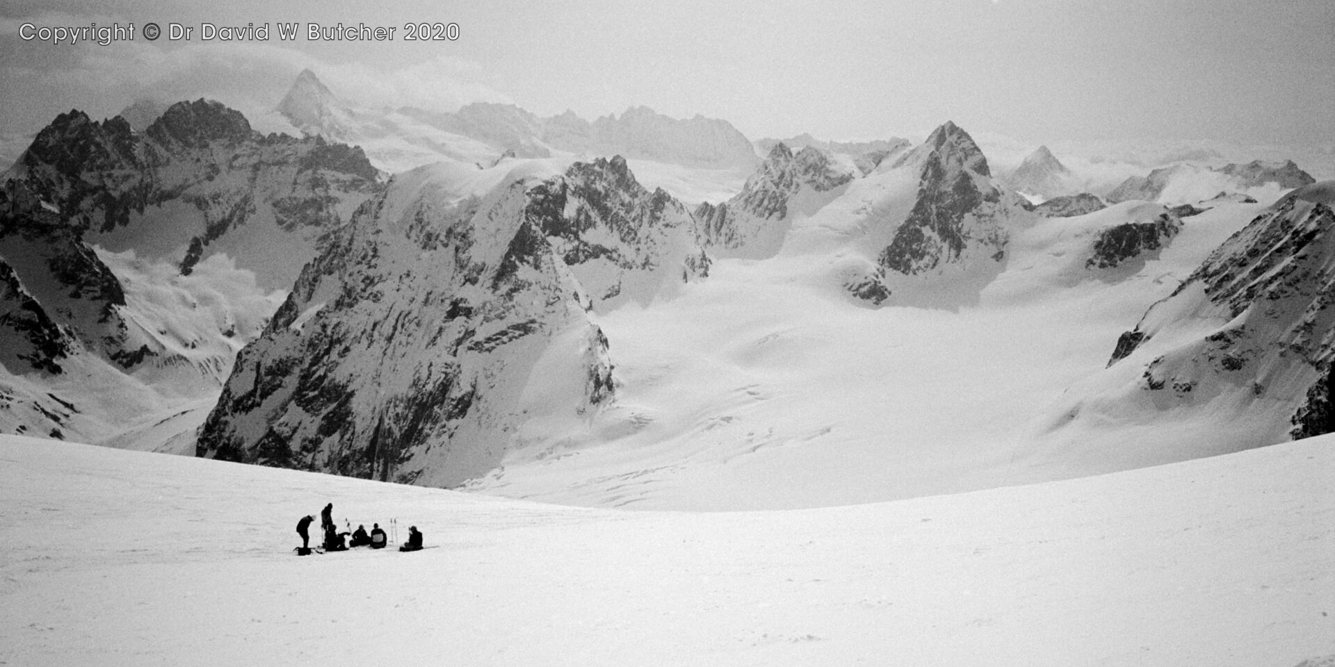 View East from Pigne d'Arolla over Mont Collon to Matterhorn and Dent d'Herens, ski Haute Route day 5
