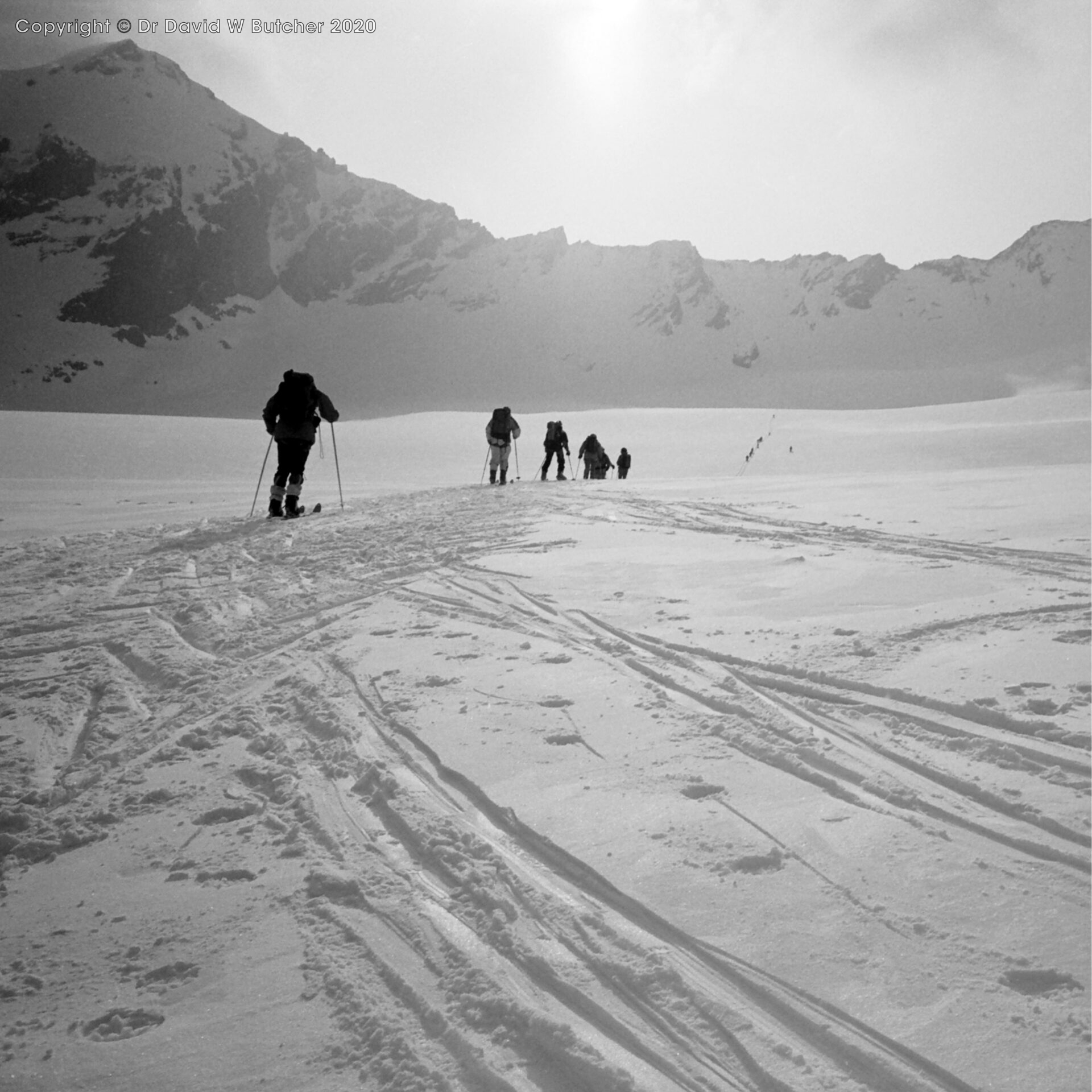 Skiing up Haut Glacier d'Arolla towards Col du Mont Brule, ski Haute Route day 6