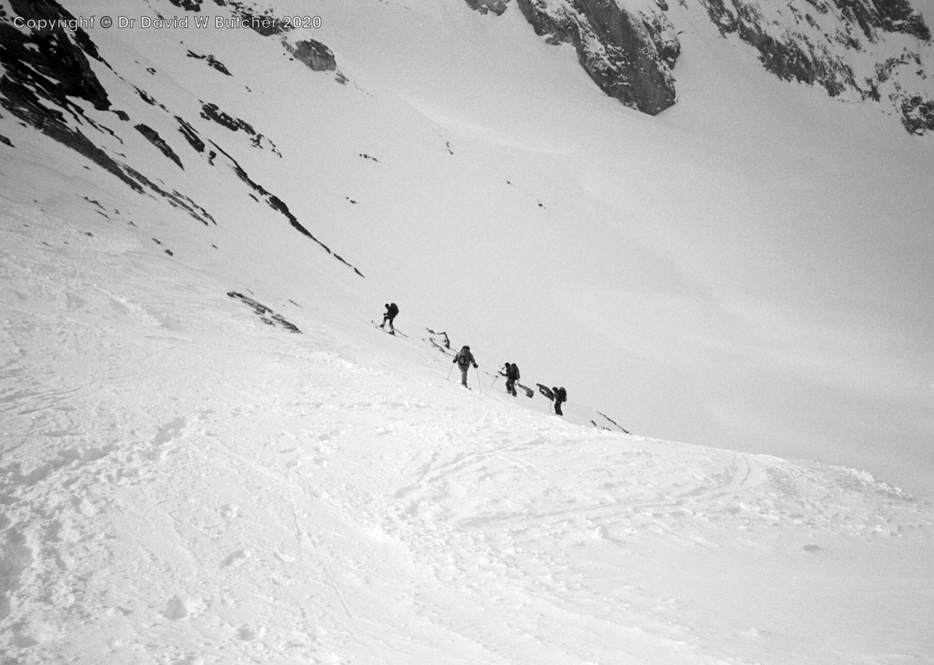 Looking down at final sectipon of ascent to Col du Mont Brule, ski Haute Route day 6