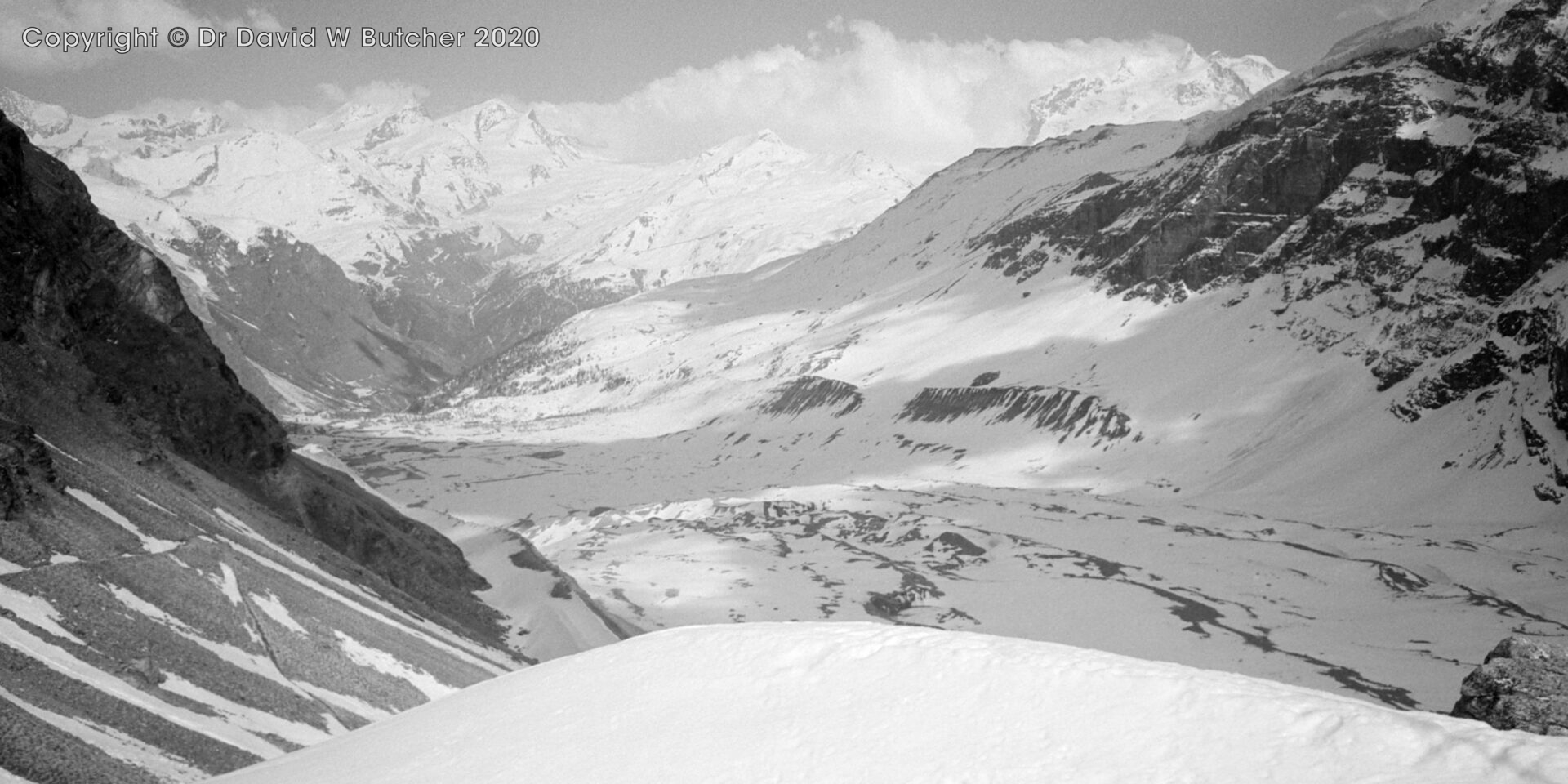 View east from Schonbiel Hut over Zmutt Glacier towards Zermatt, ski Haute Route day 6