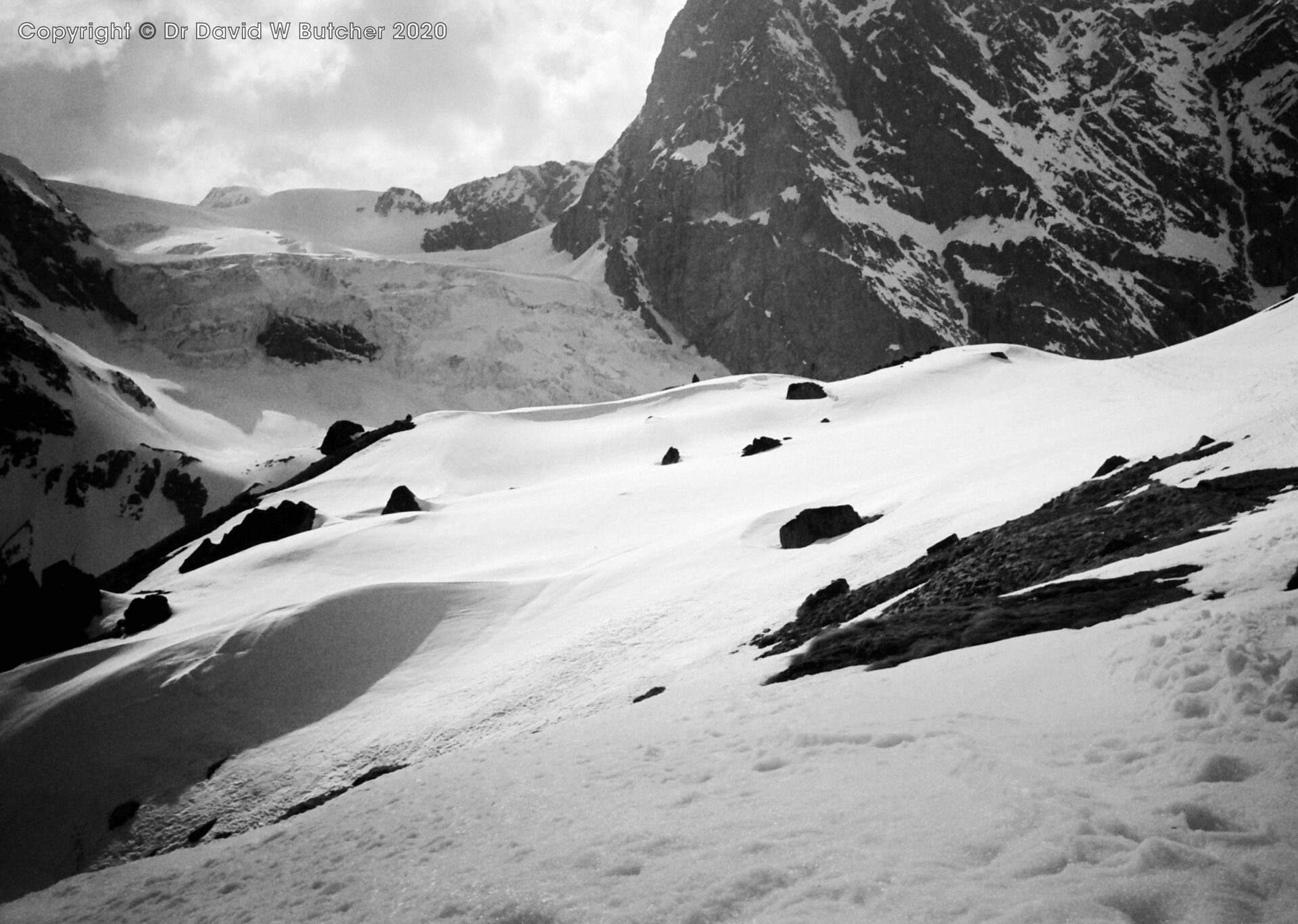 View of Stockji Glacier snout from Schonbiel Hut - not our descent route! Ski Haute Route day 6