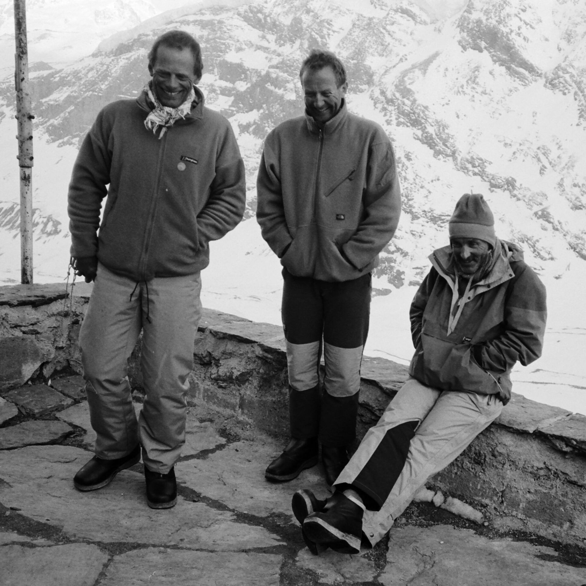 Mountain guides Brian Hall (left) and Jon de Montjoye (right) with Richard Masters, aspirant guide in centre. April 1993
