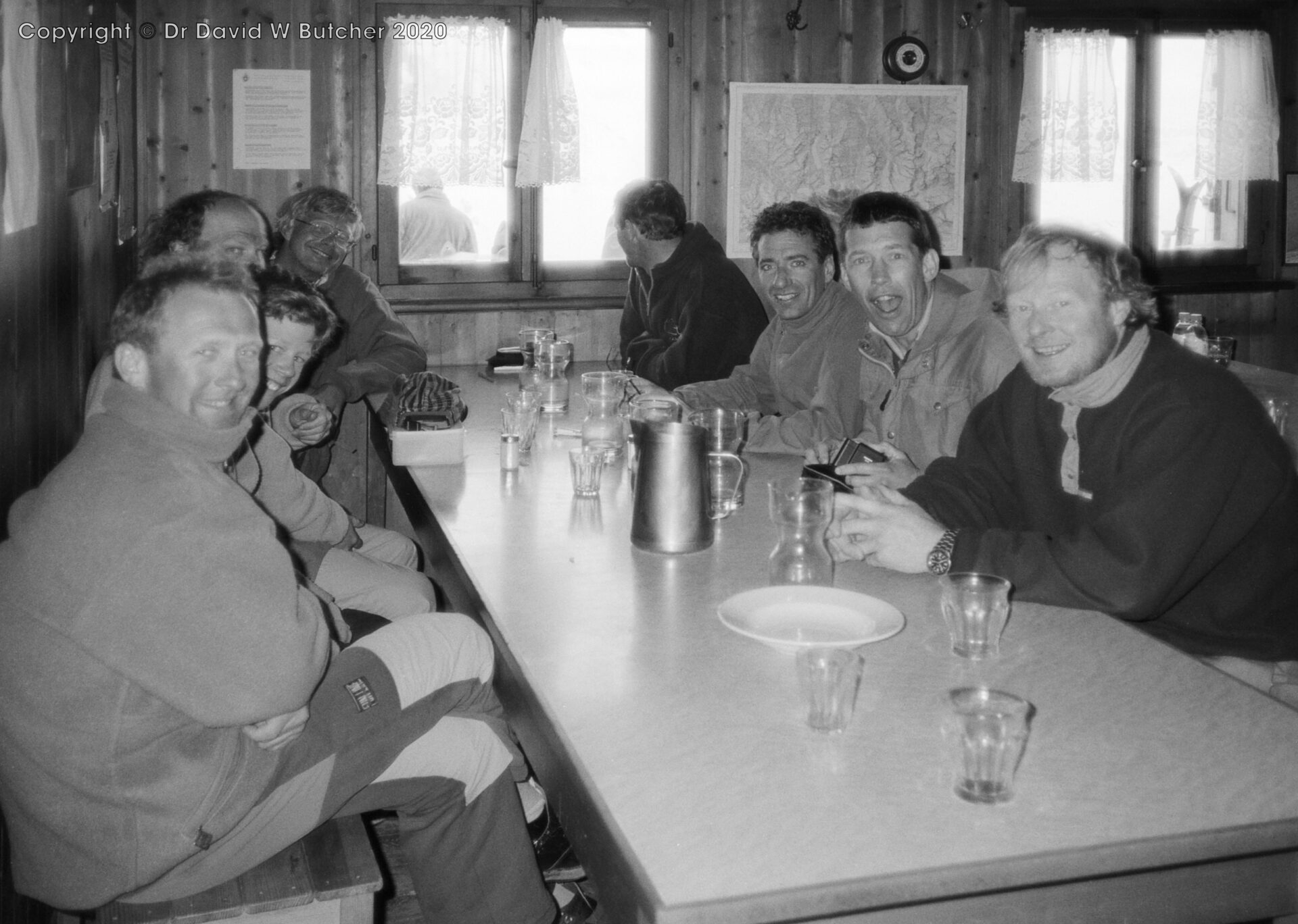 Our group in the Schonbiel Hut dining room waiting for dinner, ski Haute Route day 6